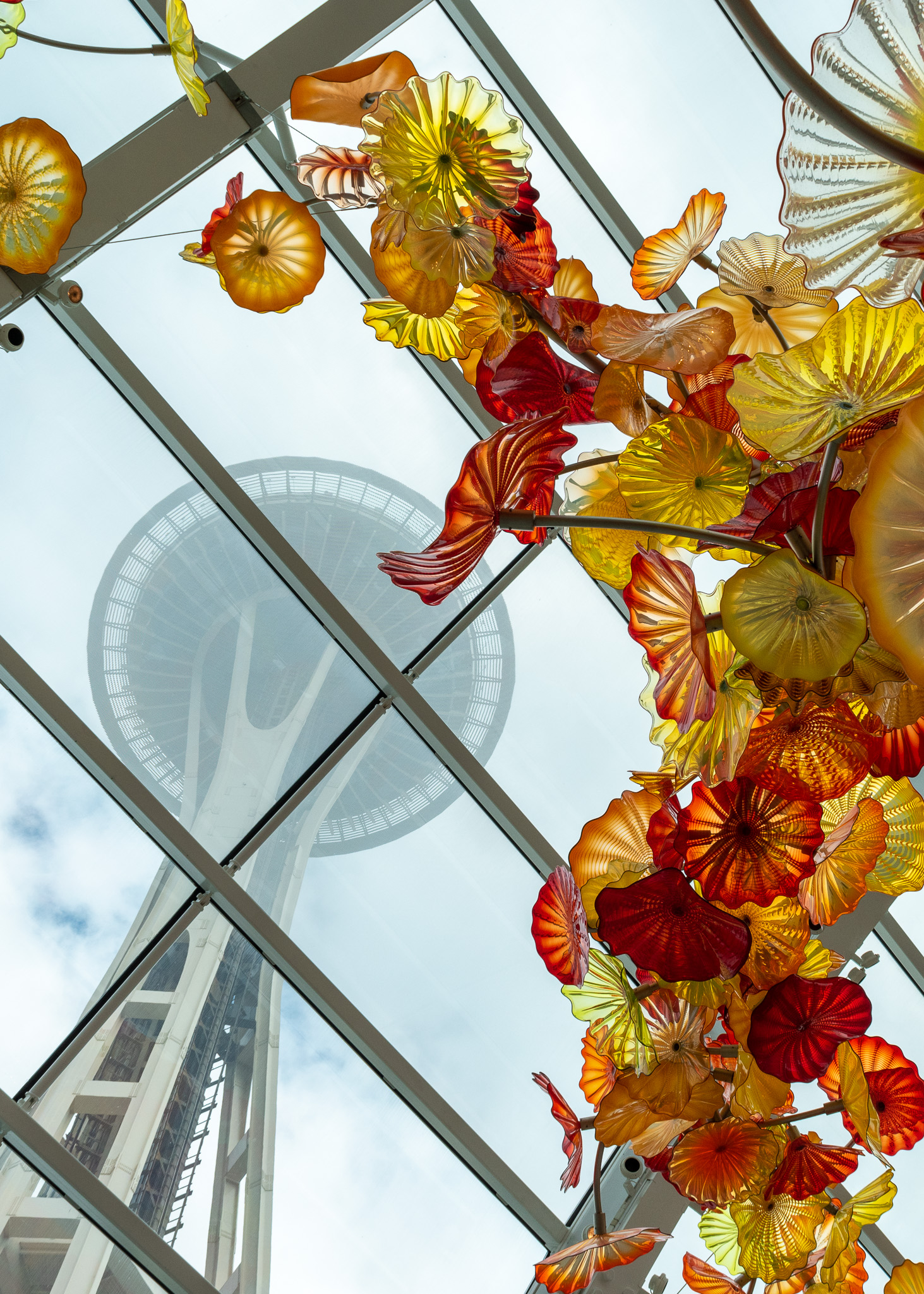 View of the Space Needle in Seattle from the Chihuly Garden and Glass Museum