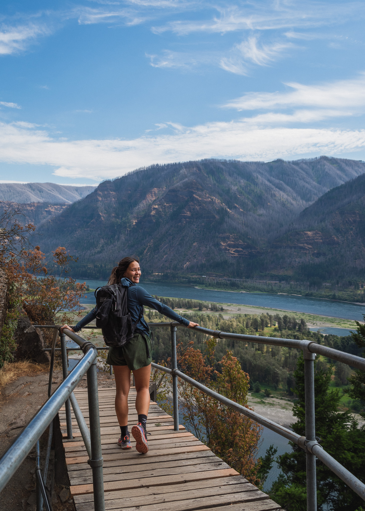 Mia hiking the Beacon Rock trail in the Columbia River Gorge on the Washington side