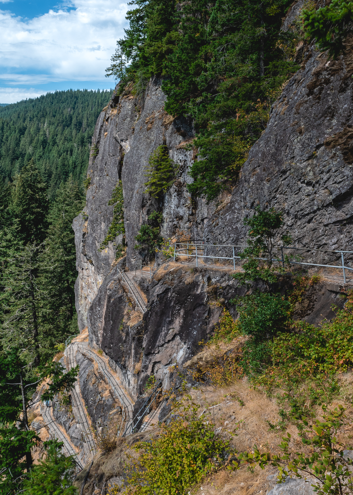 Trail with railings that leads to the top of Beacon Rock