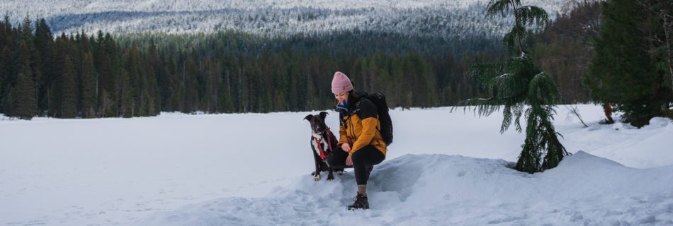 Mia and her dog Zella on a hike at Trillium Lake near Mt. Hood