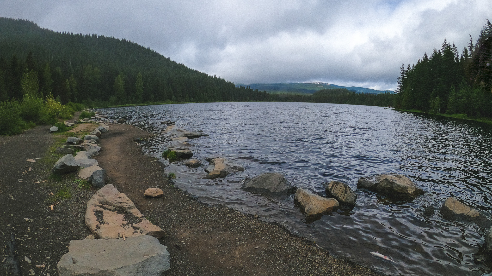 View of Trillium Lake on a cloudy day near Mt. Hood