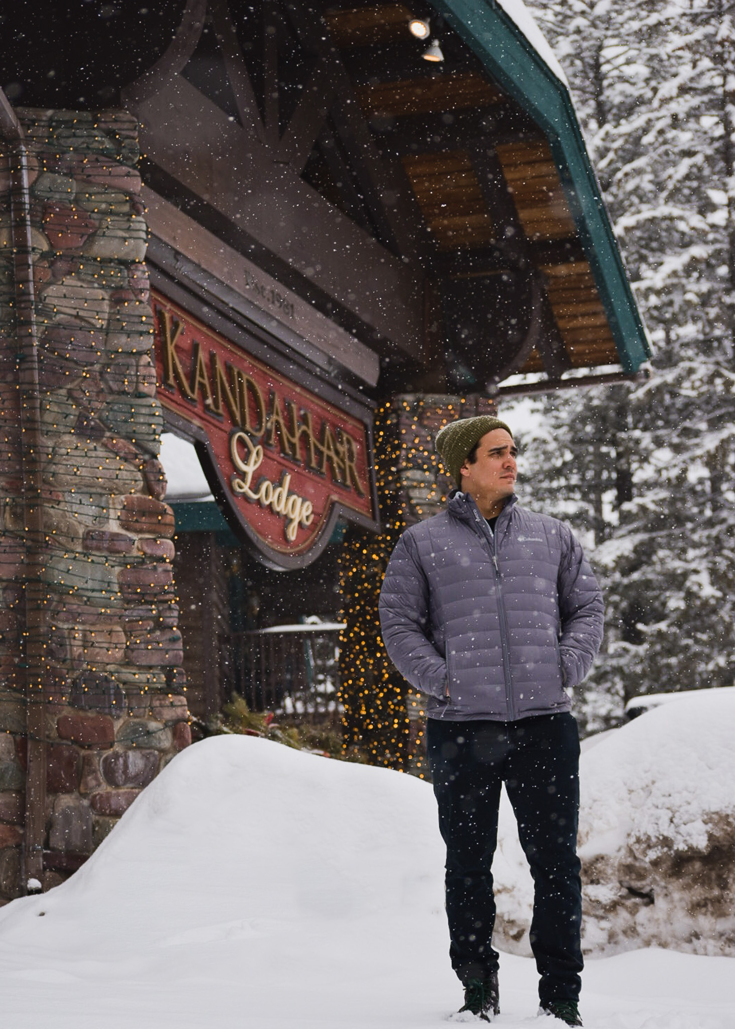 Jay standing in front of Khandahar Lodge in Whitefish, Montana